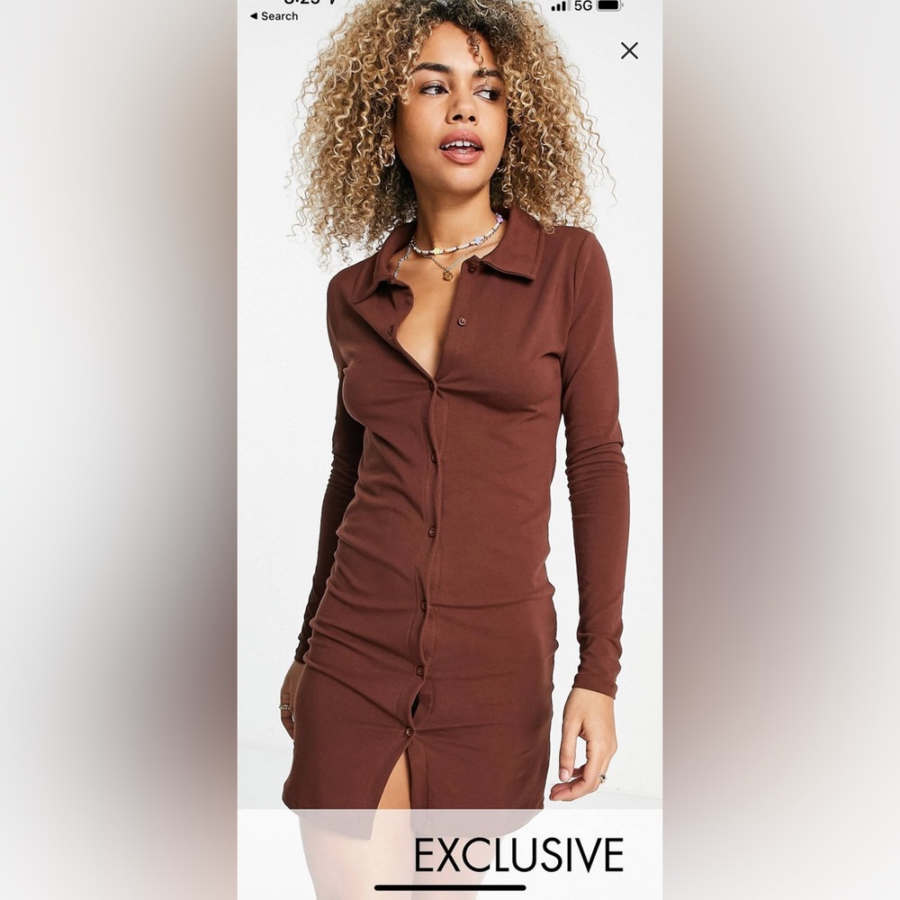 Button ruched dress brown short fall